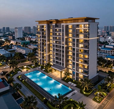 A high-angle architectural photograph of a luxury residential complex featuring a swimming pool and landscaped gardens at twilight. Subtle accent lighting illuminates the modern structure against a South Asian city backdrop.