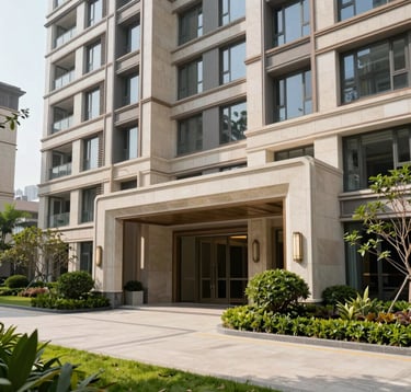 Architectural photography of a luxury residential building facade with clean lines and premium stone finishes. South Asian urban setting during bright daylight. Manicured entrance with green landscaping.