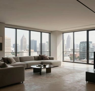 A wide interior shot of a luxury South Asian show apartment featuring minimalist design, large windows overlooking a city skyline, and professional interior styling. The lighting is soft and natural, emphasizing spaciousness and modern elegance.