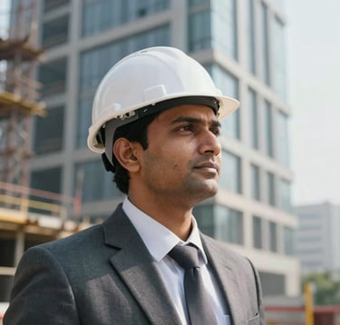 A focused professional shot of a South Asian male executive on a construction site, wearing a white hard hat and business attire, looking confidently towards a rising modern structure.