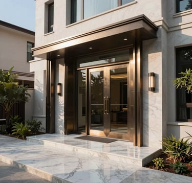 An eye-level shot of a sleek, contemporary residential entrance in a prime South Asian metropolitan neighborhood. Features marble flooring and polished metal accents, captured in bright, clear afternoon sunlight.