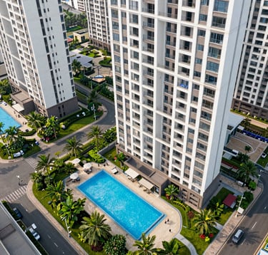 Aerial perspective of a contemporary residential complex featuring multiple towers, a sparkling swimming pool, and dedicated green spaces. South Asian architectural style, vibrant and clean composition.