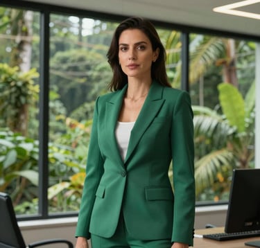 A professional woman in a Central American / Costa Rican modern office setting. Large windows behind her reveal a dense tropical forest. She exudes sophistication and leadership, wearing a tailored blazer in Emerald Sage tones. Soft, diffused lighting.