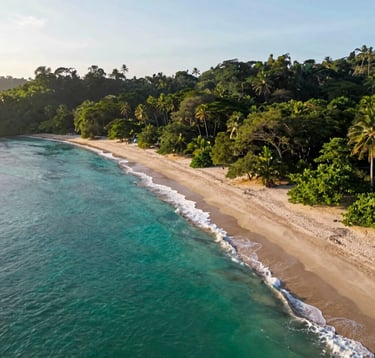A professional drone shot of a secluded beach in Costa Rica where the emerald green jungle meets the turquoise sea. The sand is a soft warm cream. Soft morning light, tranquil and exclusive vibe. Central American / Costa Rican coastline.