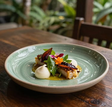 Photography of an exquisite farm-to-table gourmet dish served at a luxury restaurant in a Central American / Costa Rican garden. The plate is artisanal ceramic in sage green, with colorful tropical ingredients and soft off-white accents.