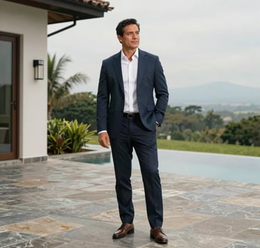 A professional man in his 40s, a property expert in a Central American / Costa Rican setting, standing on a polished Muted Leaf colored stone terrace of a luxury estate. He is dressed in elegant smart-casual attire, looking toward the horizon with a confident and trustworthy expression.