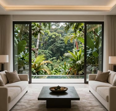 A high-end modern interior of a living room with large glass doors opening to a Central American / Costa Rican rainforest, elegant furniture in off-white cream, outdoor deep forest green foliage visible, sophisticated architectural photography.