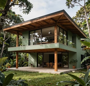 Architectural photography of a contemporary sustainable luxury home in a Central American / Costa Rican coastal forest. The structure uses sage green accents and large wooden beams, perfectly balanced with the surrounding foliage under soft daylight.