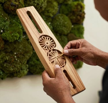 A close-up photography of a local artisan in a Central American / Costa Rican studio, hand-crafting a sophisticated piece of traditional decor. The setting is elegant, with dark moss green walls and soft off-white lighting highlighting natural wood textures.