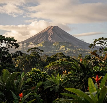 A view of the Arenal volcano in a Central American / Costa Rican landscape, framed by lush deep forest green jungle and exotic flowers, soft morning light, off-white cream clouds in the sky, wide angle photography.