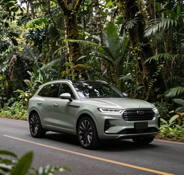 A sleek luxury SUV driving on a clean, modern road through a dense Central American / Costa Rican rainforest, soft sage moss on tree trunks, dappled sunlight filtering through deep forest green leaves, high-end automotive photography.