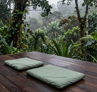 An outdoor meditation deck made of dark tropical wood, overlooking a misty rainforest in a Central American / Costa Rican mountain retreat. Sophisticated lighting, deep forest green leaves with dew, soft sage green cushions. Peaceful and opulent.