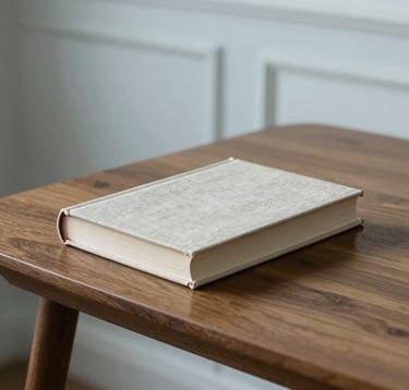 A clean, elegant photograph of a linen-bound book resting on a minimalist wooden table in a room with soft, white architectural lines. Pale slate blue shadows add depth, reflecting an authorial and established mood.