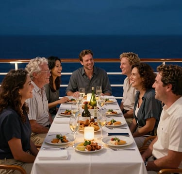 A group of North American travelers smiling and laughing together during a deck-side dinner on a cruise ship at night. The lighting is sophisticated and warm, highlighting a friendly, communal atmosphere with dark blue ocean visible in the background.
