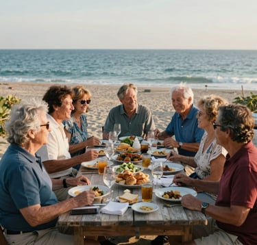 A group of active adults, appearing as a North American / US community group, enjoying a beachside dinner at a coastal resort. The lighting is warm and inviting, capturing a mood of camaraderie and relaxation by the light blue sea.