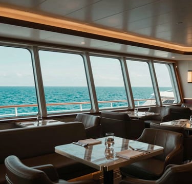 Professional photography of an elegant cruise ship lounge featuring panoramic windows. Outside, the ocean is a vibrant teal. The interior is modern and sophisticated, reflecting a high-quality North American travel standard.
