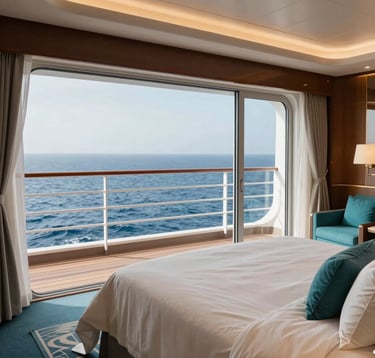 Interior of a modern luxury cruise stateroom with a private balcony overlooking the ocean. The room features high-end cream linens and teal accents, reflecting a professional and sophisticated North American style.