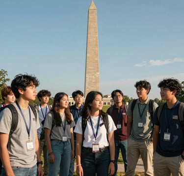 A professional photograph of a group of North American / US students on an educational field trip in front of a historic national monument. The sun is shining, and the group looks engaged and happy, emphasizing well-organized group travel.