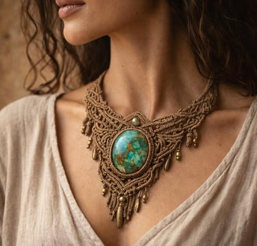 Collar boho de macramé hecho a mano con piedra ovala turquesa detalles de nudos 