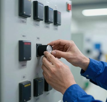 A close-up shot of an electrical control panel inside a modern facility in the Middle East. A professional engineer's hand is adjusting a dial. The lighting is bright and industrial, featuring a palette of blue and silver, emphasizing technical precision and reliability.