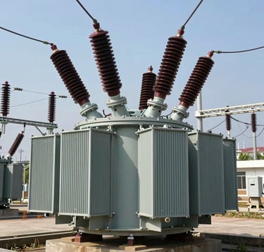 Large-scale industrial power transformer being positioned in an outdoor electrical yard, bright daylight, clear blue sky, focus on the robust steel structure and high-voltage bushings.