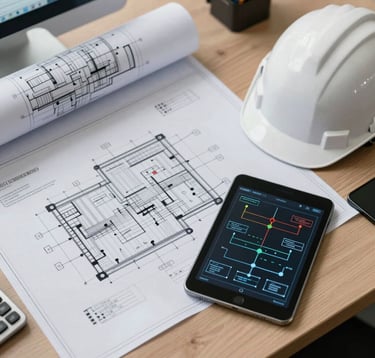 A top-down view of a modern engineering desk with detailed electrical blueprints, a digital tablet showing energy flow diagrams, and a white safety helmet. The environment is a professional engineering office in the Middle East / خليجي.