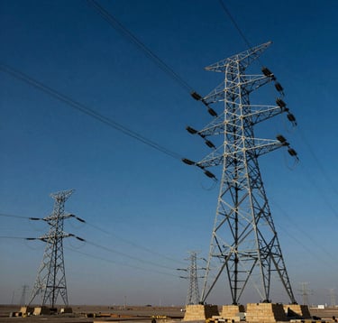 A low-angle dramatic shot of high-voltage power lines and towers stretching across a vast landscape in the Middle East. The composition is clean and modern, with deep blue tones in the sky and metallic highlights on the structures.