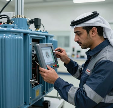 Close-up of a specialized technician in Middle East / خليجي professional safety gear using high-tech diagnostic equipment to inspect a large blue industrial transformer in a clean, modern workshop. The lighting is bright and technical.