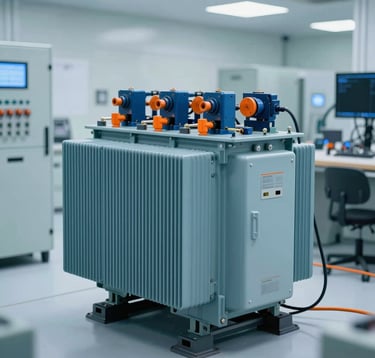A professional photography shot of a sleek, modern power distribution panel and transformers inside a clean, well-lit tech-focused environment in the Middle East. The image uses a cool blue and sharp orange color palette to convey reliability and advanced technology.