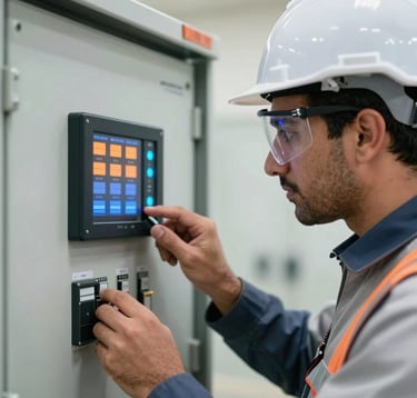 A close-up of a professional engineer in the Middle East / Gulf wearing protective gear, inspecting a digital electrical control panel with orange and blue indicators, professional and high-tech atmosphere.