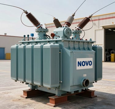 A massive, powerful electrical power transformer from NOVO brand positioned in a shipping facility, ready for delivery. Bright midday sun, blue and orange color tones on the equipment, sharp focus, industrial Middle East / خليجي context.