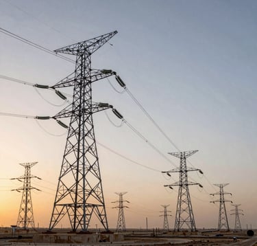 A wide-angle shot of a newly constructed electrical project at sunset in Iraq, featuring transmission towers and power lines integrated into a modern infrastructure landscape. Professional photography style.