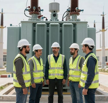 A photograph of professional electrical engineers in safety equipment standing before a large transformer unit in a bright, modern power facility in the الشرق الأوسط / خليجي region. The composition is professional and authoritative, emphasizing teamwork and technical expertise.