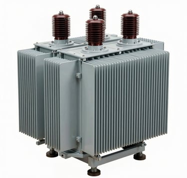 Clean, studio-lit photograph of a high-efficiency distribution transformer, finished in industrial grey, showcasing modern design and cooling fins, professional engineering photography.