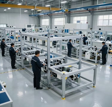 Wide shot of a clean, high-tech manufacturing facility. The floor is polished light grey concrete. Technicians in dark uniforms work on large aluminum frames. The space is filled with natural light, highlighting a sophisticated industrial environment.