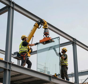 Action photography of a professional construction crew at a high-end job site, International / Global. They are using a robotic suction lifter to precisely install a large-format glass pane into a modern steel structure against a clear sky.