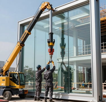 A professional construction crew in industrial charcoal uniforms using a precision suction crane to install a massive, seamless glass panel into a high-end architectural frame. Bright, clear daylight on a modern building site. International / Global.