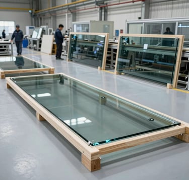 Interior shot of a high-tech manufacturing facility. Professional workers are seen in the distance crating massive, high-clarity glass panels into custom wooden frames. The factory is bright, clean, and dominated by soft grey and charcoal tones. International / Global context.