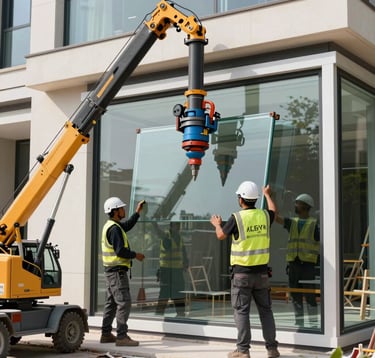 Action shot of a professional construction crew wearing modern gear, using a specialized vacuum suction crane to precisely place a massive glass pane into a luxury residential frame. Daylight, clean site, emphasizing technical leadership. International / Global setting.
