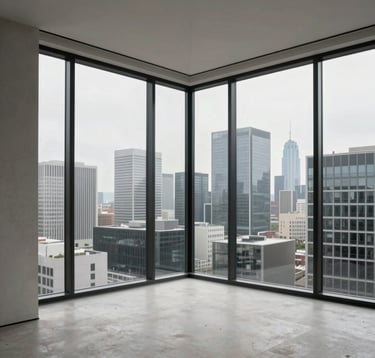 A professional architectural photo of a finished luxury penthouse interior featuring seamless corner glazing that looks out over a modern city skyline. The interior is minimalist with soft concrete tones. International / Global location.