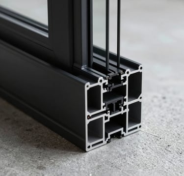 A detailed close-up photography of a sleek, ultra-thin matte black window profile section resting on a soft concrete grey surface. The lighting highlights the precision engineering and clean industrial lines of the aluminum frame. Minimalist and sophisticated mood.