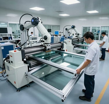 The interior of a high-tech, clinical window manufacturing facility. Pristine floors, advanced robotic glass cutters, and workers in clean industrial attire inspecting large aluminum window frames. International / Global.