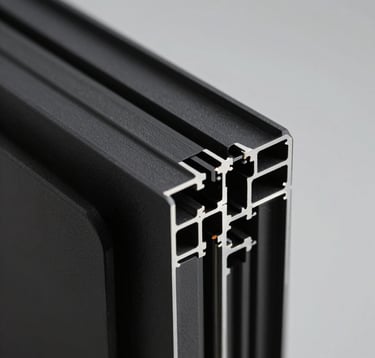 A crisp, macro detail shot of a black matte aluminum window profile. The lighting highlights the sleek, ultra-thin edges and the premium texture of the high-performance glazing seal. Industrial luxury aesthetic.