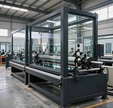 An industrial-chic photograph of a clean, high-tech window manufacturing facility. The scene shows large-format glass panels being handled by precision machinery in a bright, spacious hall with concrete grey floors and matte black structures. International / Global professional setting.