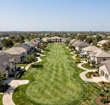 A high-end aerial shot of a luxury golf course community in Round Rock, Texas. The composition highlights perfectly green fairways, custom-built stone homes, and a clear blue sky. The image has a clean, airy feel using soft whites (#F8F4ED) and warm earth tones (#CFC8BE).