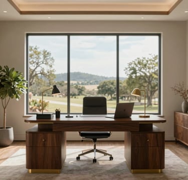 An interior shot of a sophisticated Austin home office. A large window overlooks the Texas Hill Country. The desk features high-end materials like dark wood and brass (#AA8A6B). The mood is professional, trustworthy, and modern.