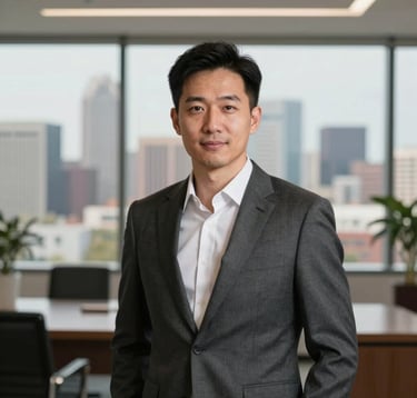 A professional portrait of a male real estate agent in a high-end, modern Austin office. He is wearing a tailored charcoal suit with a crisp white shirt. The background shows a soft-focus view of the Round Rock skyline. The lighting is soft and flattering, emphasizing a trustworthy and professional demeanor.