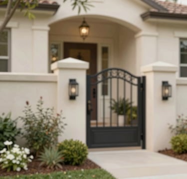 An elegant, close-up shot of a manicured residential entrance in an upscale Pflugerville neighborhood. The scene features lush Texas landscaping, professional lighting, and a hint of a modern wrought-iron gate (#1A1A1A). Clean, bright, and professional composition with warm neutral tones (#CFC8BE).