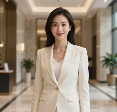 A sophisticated professional portrait of a female real estate agent. She is dressed in an elegant cream-colored blazer, standing in a brightly lit, modern luxury foyer with limestone walls. Her expression is confident and welcoming, embodying a top-producing agent.