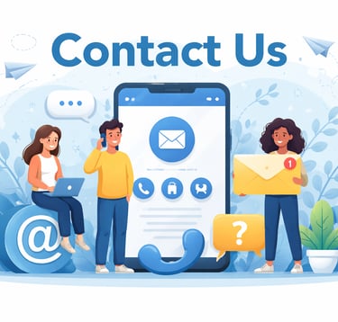 Contact Us page banner illustration with phone, email, and chat icons representing customer support 
